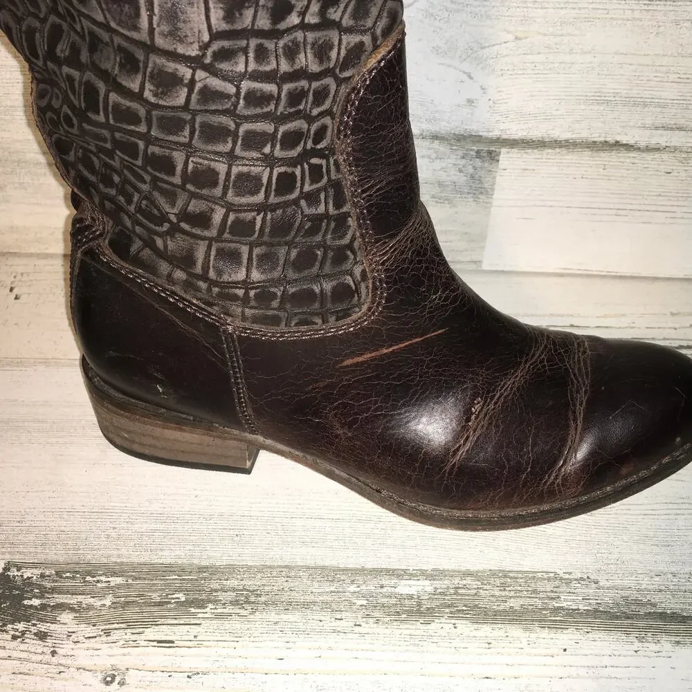 Lucchese Spirit Bailey Croc Embossed Leather Riding Boot Womens 6 Brown Tall